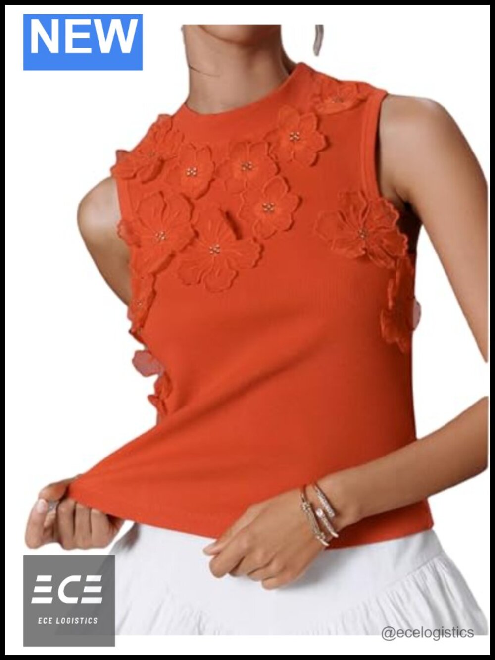 3D Floral Applique Ribbed Knit Tank Top Mock Neck Sleeveless Women's